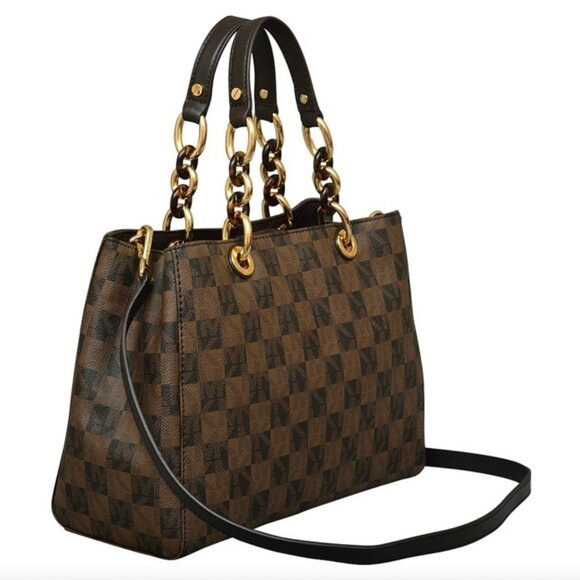 Michael Kors Cynthia Medium Brown Checkered Check Chain Strap Satchel Bag Purse - Picture 1 of 11